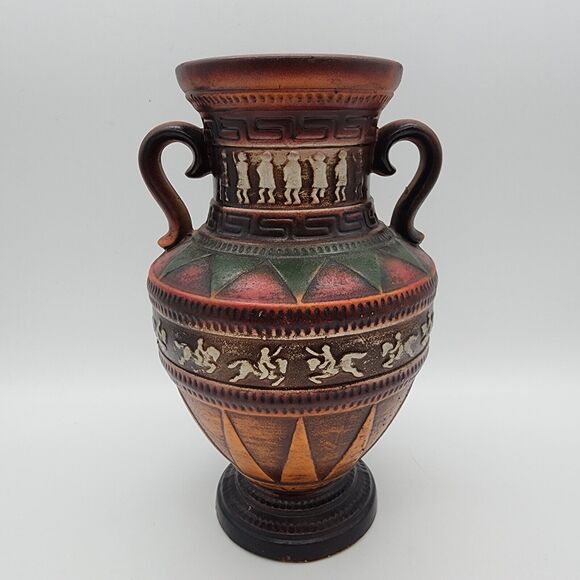 Vtg Norleans Dancing Horses Urn Vase 10" Handles MCM Tribal Aztec Folk Art Japan - Picture 1 of 12
